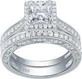 2 PC Princess Cut Halo Split Shank CVD Diamond Sterling Silver Bridal Wedding & Engagement Ring Set for Women