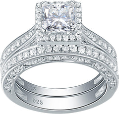 2 PC Princess Cut Halo Split Shank Moissanite Sterling Silver Bridal Wedding & Engagement Ring Set for Women