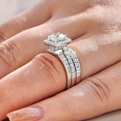 2 PC Round Brilliant Cut Wedding Rings for Women Moissanite Sterling Silver Engagement Bridal Band Set Enhancers and Wraps