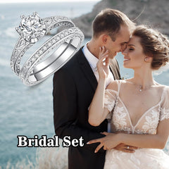 2 PC Round Cut Moissanite Sterling Silver Bridal Wedding & Engagement Ring Set for Women