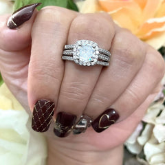 3PC Halo Moissanite Sterling Silver Bridal Wedding Ring Set with Engagement Bands for Women