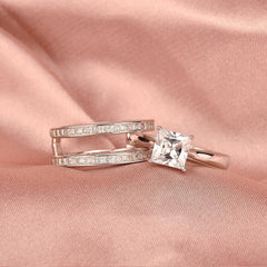 2PC Princess Cut Moissanite Sterling Silver Bridal Engagement Ring Set with Enhancer Wrap Band