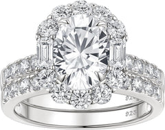 2PCS Oval Cut Moissanite 925 Sterling Silver Bridal Engagement & Wedding Ring Set for Women