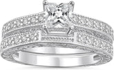 2 PC Princess Cut Solitaire Cathedral Setting Moissanite Sterling Silver Bridal Wedding & Engagement Ring Set for Women