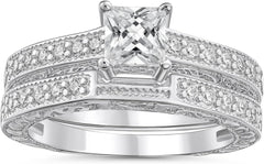2 PC Princess Cut Solitaire Cathedral Setting Moissanite Sterling Silver Bridal Wedding & Engagement Ring Set for Women