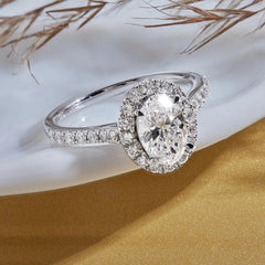 Oval Cut CVD Diamond Halo Engagement Ring for Women – Solitaire with Accent Side Stones