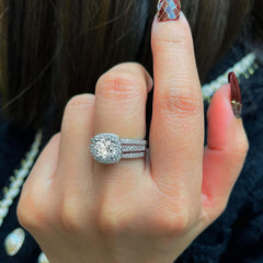 3PC Halo CVD Diamond Sterling Silver Bridal Wedding Ring Set with Engagement Bands for Women