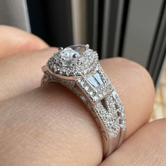 2 PC Pear Cut Moissanite Bridal Wedding Ring Set with Halo, Baguette Side Stones & Pavé Band Sterling Silver