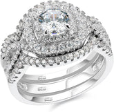 2PC Round Cut Double Halo Moissanite 925 Sterling Silver Bridal Engagement & Wedding Ring Set for Women