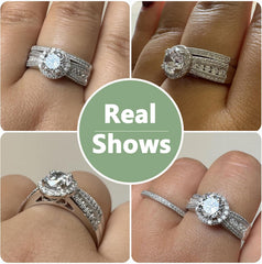 2 PC Round Brilliant Cut Halo CVD Diamond 10K Gold Bridal Wedding & Engagement Ring Set with Triple-Row Band
