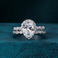 2 PC Pear Cut Moissanite Sterling Silver Stackable Bridal Wedding & Engagement Ring Set for Women