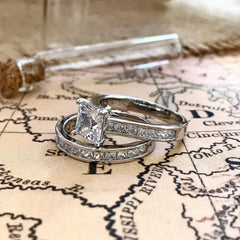 Princess Cut Moissanite Sterling Silver Bridal Engagement & Wedding Ring Set