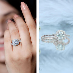 2 PC Round Brilliant Cut Halo Moissanite Sterling Silver Bridal Wedding & Engagement Ring Enhancer Set for Women