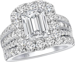 2 PC Emerald Cut Moissanite Sterling Silver Bridal Wedding & Engagement Ring Set for Women