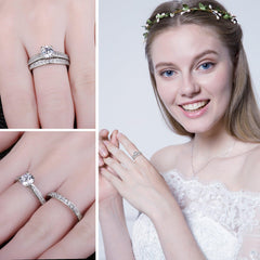 2 PC Round Cut Moissanite Sterling Silver Engagement & Eternity Wedding Band Set for Women