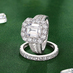 2 PC Emerald Cut Moissanite Sterling Silver Bridal Wedding & Engagement Ring Set for Women