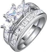2 PC Princess Cut Three-Stone Moissanite Sterling Silver Bridal Wedding & Engagement Ring Set for Women