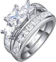 2 PC Princess Cut Three-Stone Moissanite Sterling Silver Bridal Wedding & Engagement Ring Set for Women