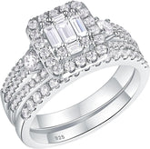 Triple Baguette Emerald-Cut Moissanite Sterling Silver Bridal Engagement & Wedding Ring Set for Women