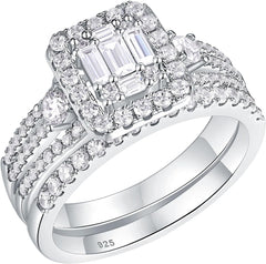 Triple Baguette Emerald-Cut Moissanite Sterling Silver Bridal Engagement & Wedding Ring Set for Women