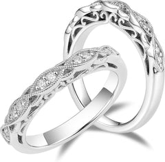 2 PC Round Cut Moissanite Sterling Silver Vintage Antique Bridal Engagement & Wedding Ring Set for Women