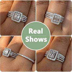 Triple Baguette Emerald-Cut Moissanite Sterling Silver Bridal Engagement & Wedding Ring Set for Women