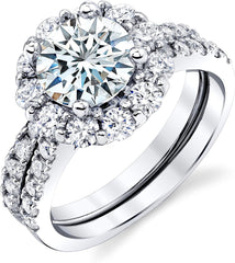 2 PC Round Moissanite Crown Halo Sterling Silver Bridal Wedding & Engagement Ring Set for Women