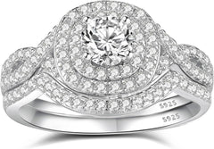 2 PC Round Brilliant Cut White Moissanite Sterling Silver Bridal Wedding & Engagement Ring Set for Women