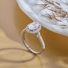 Oval Cut CVD Diamond Halo Engagement Ring for Women – Solitaire with Accent Side Stones