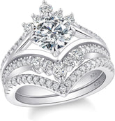 2 PC Round Cut Moissanite Chevron Bridal Set Wedding Rings for Women in Sterling Silver