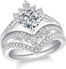 2 PC Round Cut Moissanite Chevron Bridal Set Wedding Rings for Women in Sterling Silver