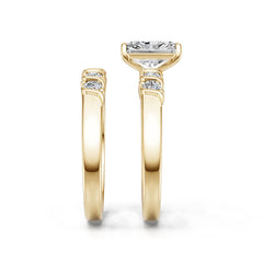 2 Piece Set 14K Gold CVD Diamond Ring Emerald OCT 7x5mm 5 Stones
