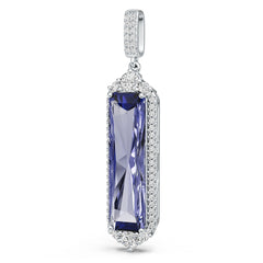 Sterling Silver Royal Blue Sapphire with Moissanite Pendant Emerald OCT 18x8mm Halo