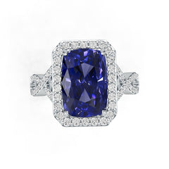 Sterling Silver Royal Blue Sapphire Engagement Ring Crisscross Shank Cushion CU 12x8mm Halo Ring