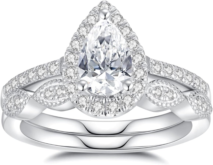 Moissanite Wedding Ring Set for Women - 925 Silver, 18K White Gold Plated