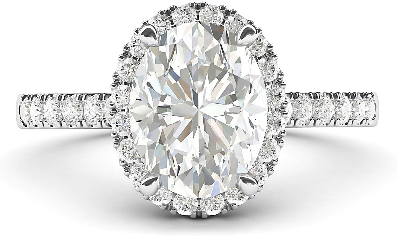 Oval Cut Sterling Silver Halo Moissanite Engagement Ring with Side Stones