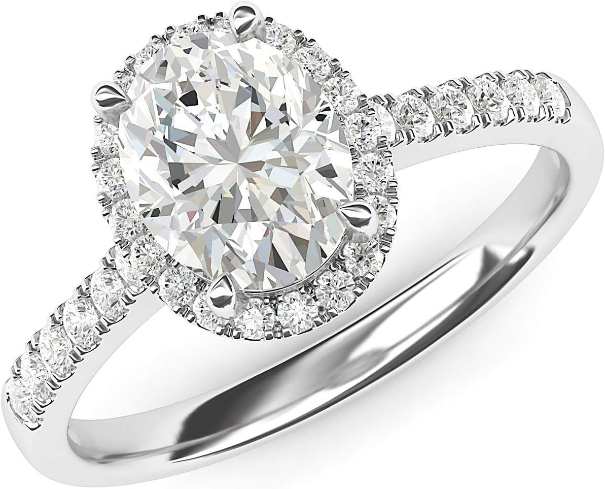 Oval Cut Sterling Silver Halo Moissanite Engagement Ring with Side Stones