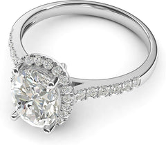 Oval Cut Sterling Silver Halo Moissanite Engagement Ring with Side Stones