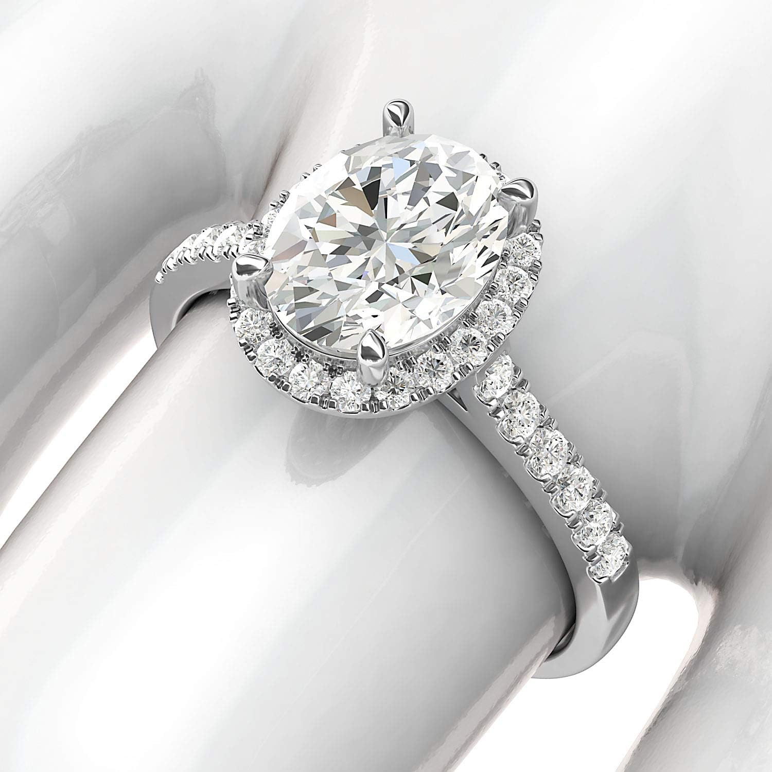 Oval Cut 10K Gold Halo Moissanite Engagement Ring with Side Stones