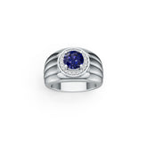 Men's Sterling Silver Sapphire Engagement Ring Round RD 6x6mm Halo Masculine w/ Under Gallery