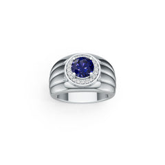 Men's Sterling Silver Sapphire Engagement Ring Round RD 6x6mm Halo Masculine w/ Under Gallery