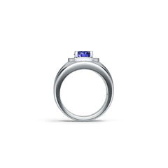 Men's Sterling Silver Sapphire Engagement Ring Round RD 6x6mm Halo Masculine w/ Under Gallery
