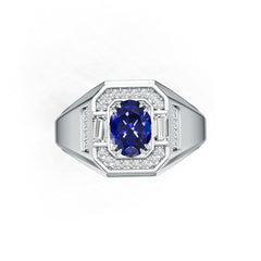 Men's Sterling Silver Royal Blue Sapphire Ring Oval OV 8x6mm Halo