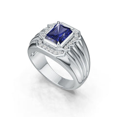 Men's Sterling Silver Moissanite or Sapphire Ring Emerald OCT 8X6mm Halo