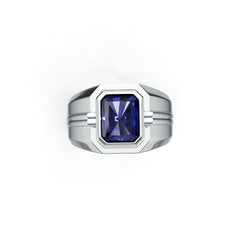 Men's Sterling Silver Moissanite or Sapphire Ring Emerald OCT 10X8mm Full Bezel Set