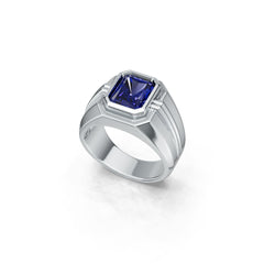 Men's Sterling Silver Moissanite or Sapphire Ring Emerald OCT 10X8mm Full Bezel Set