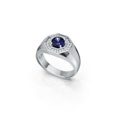 Sterling Silver Blue Sapphire Engagement Ring Round RD 6x6mm Men's Ring Halo Moissanite