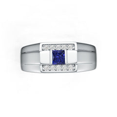 Men's Ring Sterling Silver Royal Blue Sapphire Ring Princess SQ 4X4mm