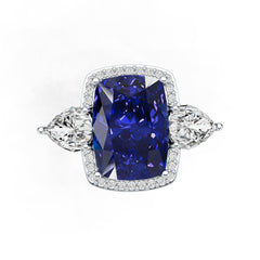 Sterling Silver Royal Sapphire Engagement Ring Cushion CU 14X10mm 3 Stone Design Halo Ring