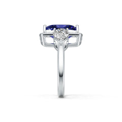 Sterling Silver Royal Sapphire Engagement Ring Cushion CU 14X10mm 3 Stone Design Halo Ring